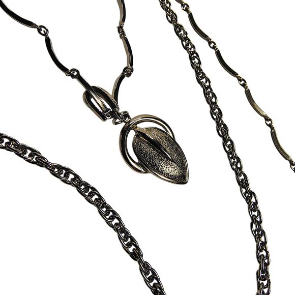 Silver Layered Multi-chain Leaf Pendant Chain Link Necklace Victorian Style - Picture 6 of 6